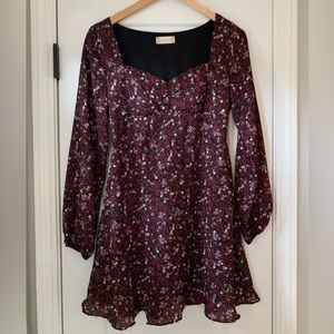 Floral Long Sleeve Sweetheart Neck Line Dress